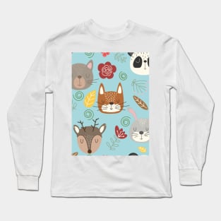 Woodland animals kids pattern blue background Long Sleeve T-Shirt